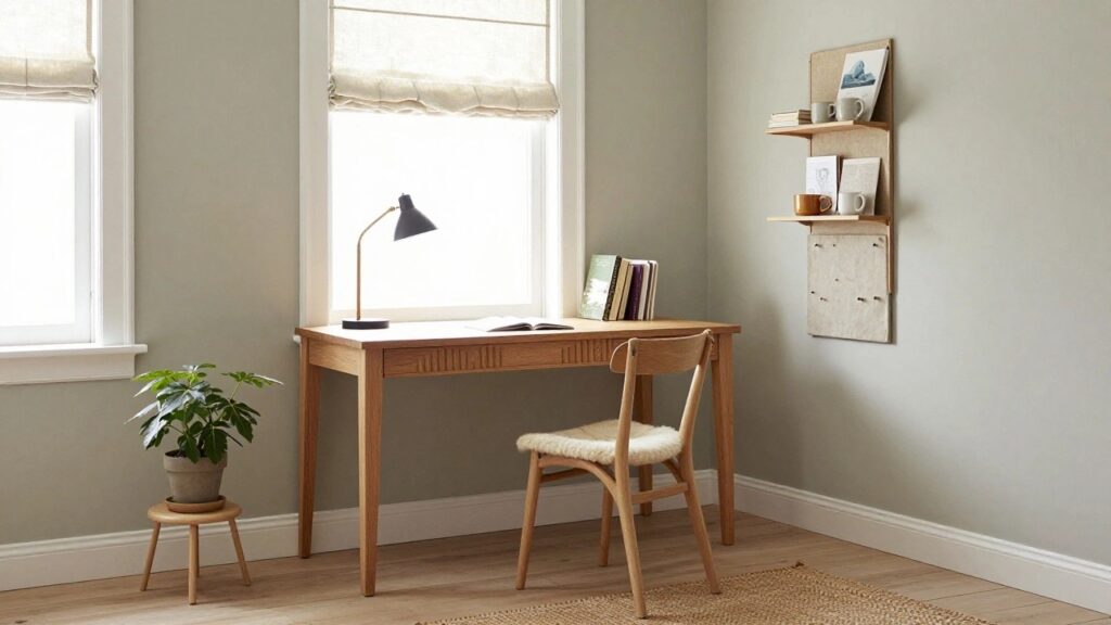 Cozy home office corner with wooden desk and matching chair with white sheepskin cushion, ladder shelf holding cups, desk lamp, open notebook, potted plant on stool, and window with sheer linen blinds.