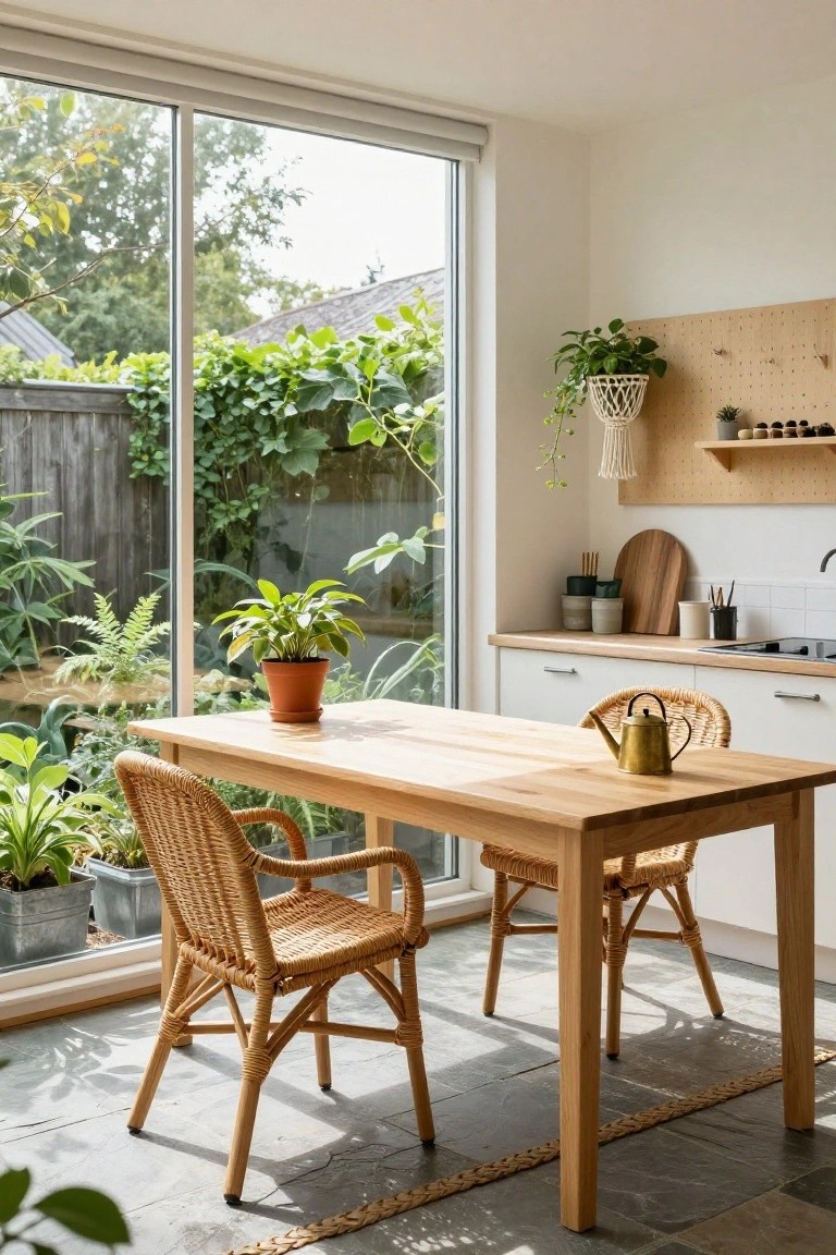 Bright kitchen nook with wooden table, two rattan armchairs, brass teapot, multiple indoor plants, pegboard wall, and large sliding glass doors to backyard garden.