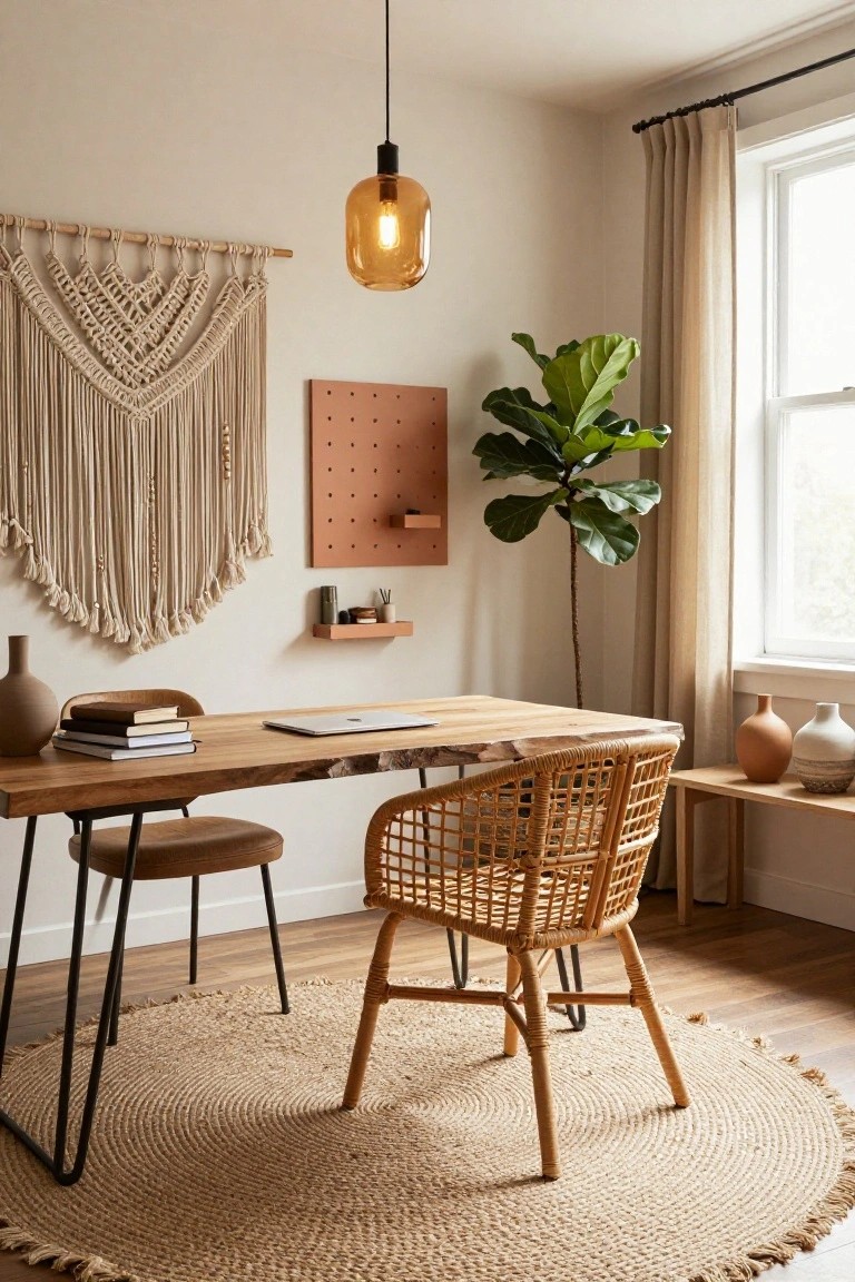 Beige home office with live-edge wooden desk holding books and laptop, rattan armchair, macrame wall hanging, fiddle leaf fig plant next to window, pegboard shelf, pendant light, and jute rug.