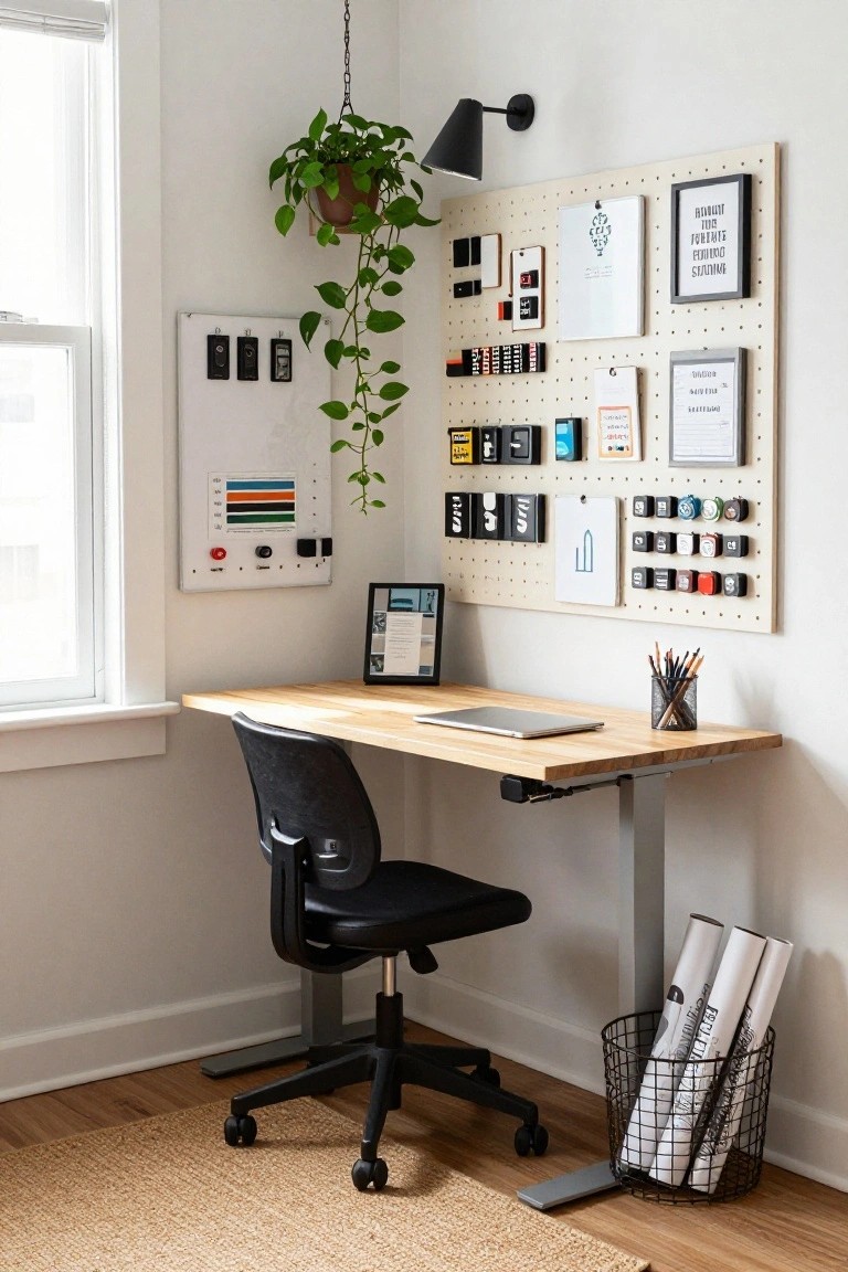 A home office with a light wood adjustable standing desk holding a laptop, black mesh office chair, large beige pegboard wall with hooks, bins, tools, and papers, hanging potted plant, wall-mounted whiteboard, and basket of rolled documents.