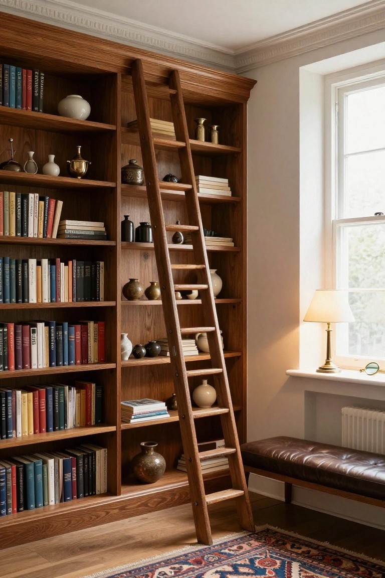 Tall wooden bookshelves lining a corner room with a ladder, filled with books and ceramic vases, beside a window with a lamp, bench, and radiator on a wooden floor with a rug.