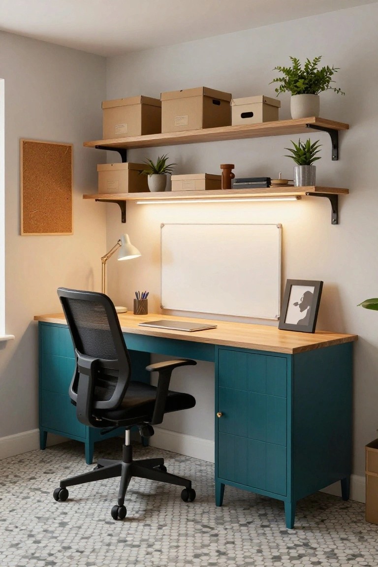 Home office with teal cabinet desk topped in oak, black mesh office chair, floating wooden shelves holding plants and boxes, desk lamp, whiteboard, and corkboard on light gray walls over checkered tile floor.