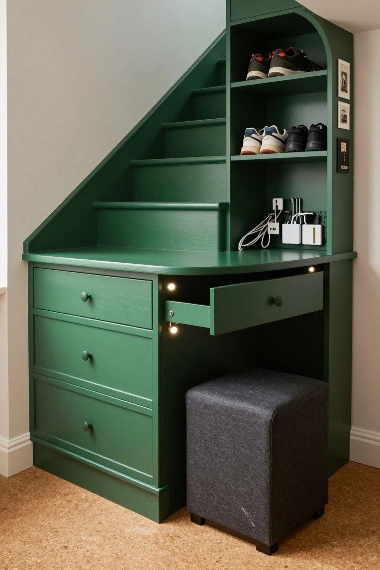 Curved green wooden built-in desk, shelving, and drawers under a staircase, with shoes on shelves, cables and chargers organized nearby, an open drawer with LED lights, and a gray fabric stool in front.