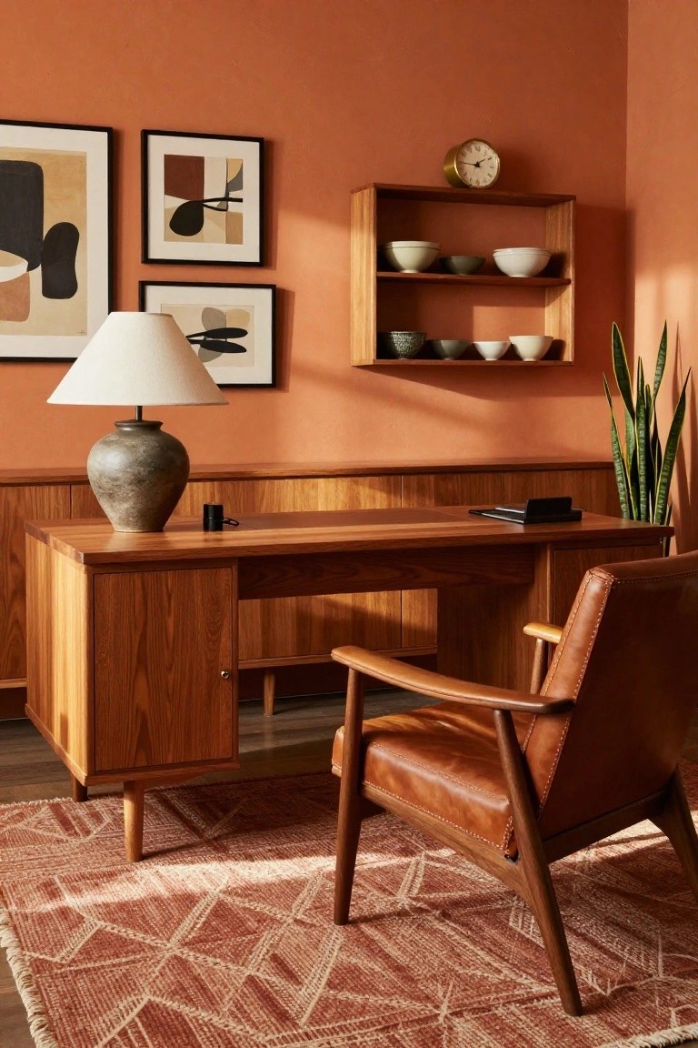 Home office with terracotta orange walls, wooden desk and credenza, brown leather armchair, abstract black-and-white framed prints, ceramic table lamp, wooden wall shelf holding bowls and a clock, and a tall snake plant.