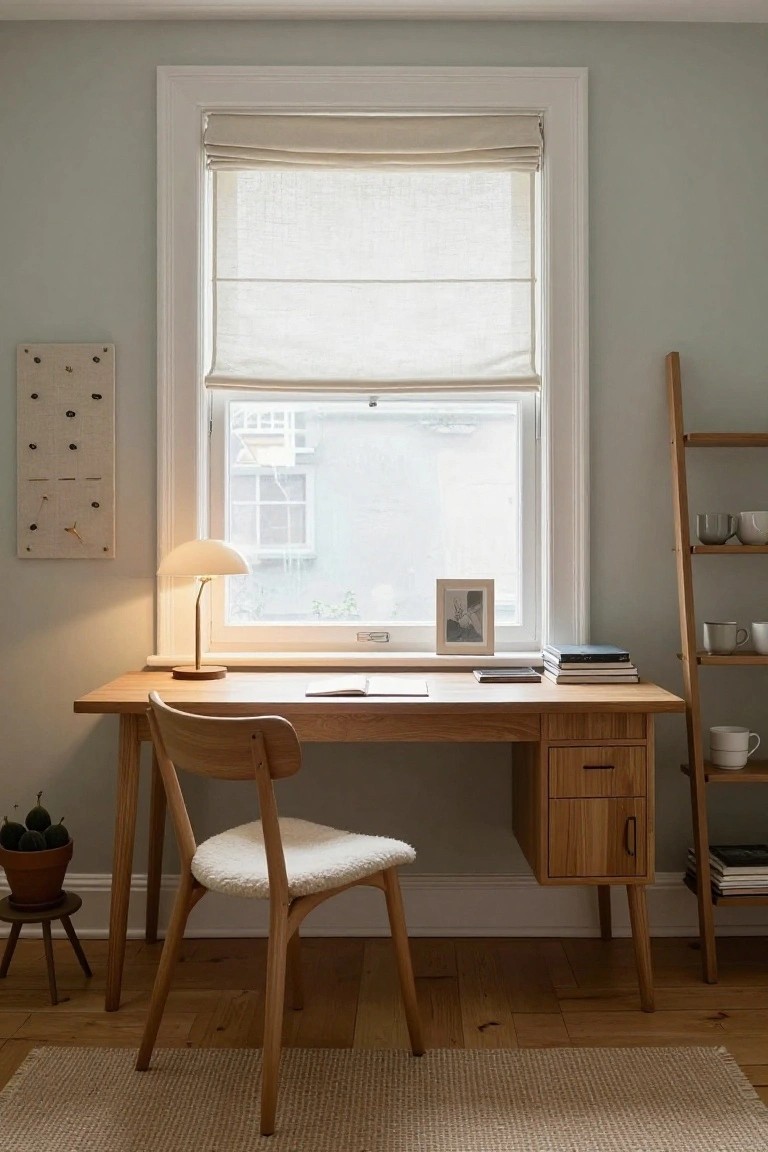 Cozy home office corner with wooden desk and matching chair with white sheepskin cushion, ladder shelf holding cups, desk lamp, open notebook, potted plant on stool, and window with sheer linen blinds.