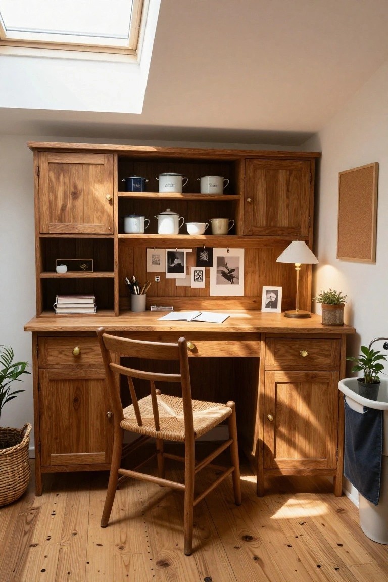 Wooden desk with hutch in a bright attic-style room, open shelves holding pottery and books, rush-seated chair, potted plants, desk lamp, and wooden floors.