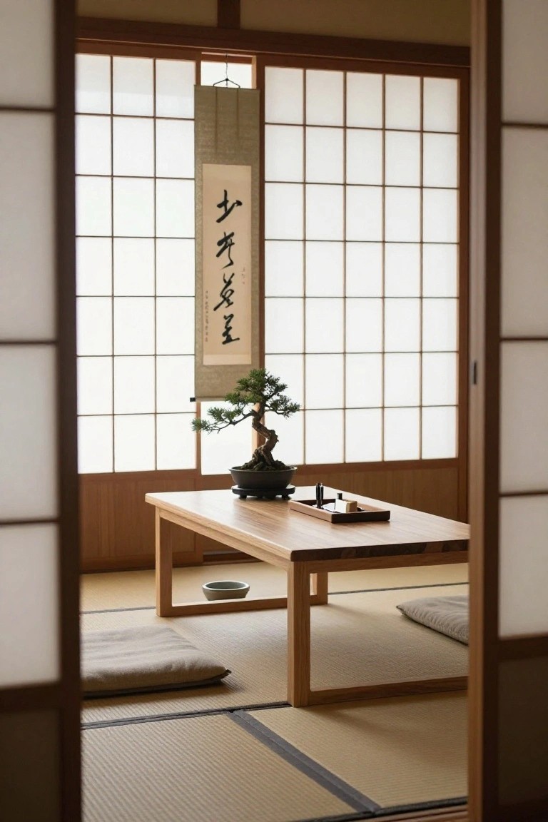 Japanese-style interior room with shoji screen doors, hanging calligraphy scroll, bonsai tree on low wooden table holding incense holder and tray with tofu, tatami mat floor, and zabuton cushions.