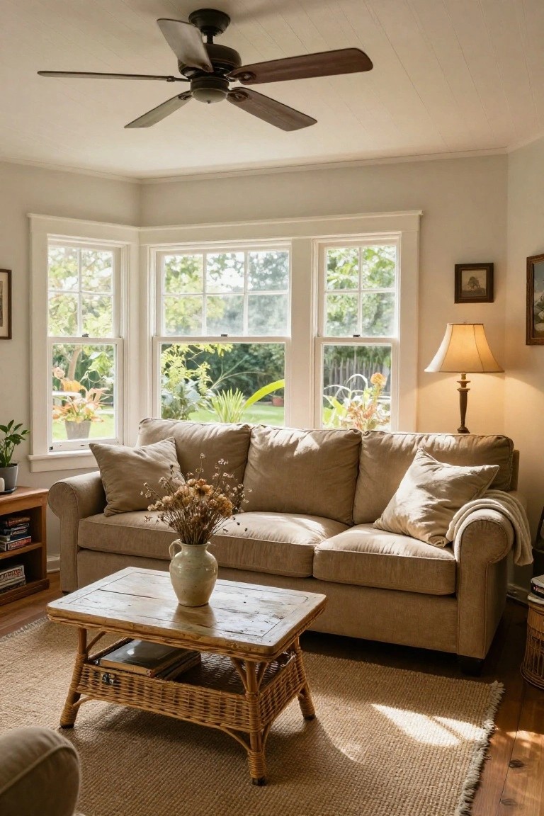 Beige cushioned sofa in a corner living room with bay windows overlooking greenery, pillows and throw blanket on sofa, wicker coffee table with vase of dried flowers, potted plants nearby, and lamp on side table.