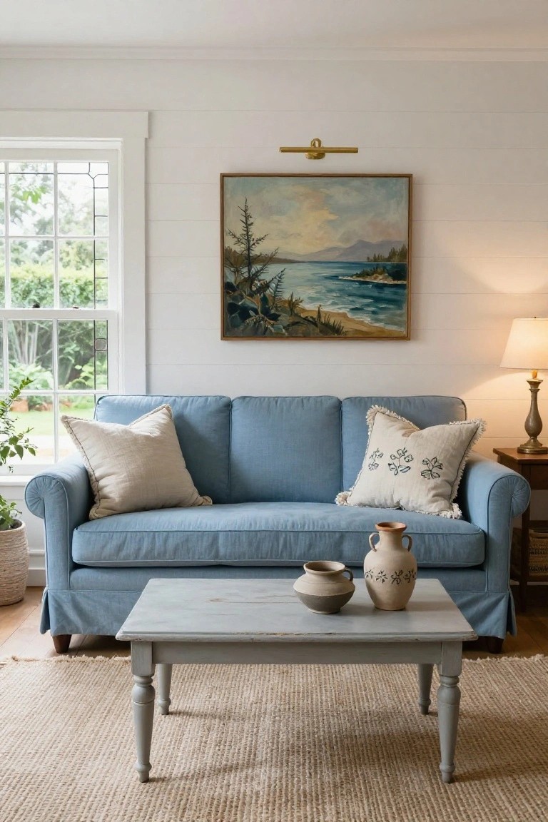 A living room with a blue slipcovered sofa flanked by beige textured pillows, a gray painted wood coffee table holding two terracotta pots, a landscape oil painting on the wall above a brass sconce, a table lamp on a side table, and a window showing greenery outside.