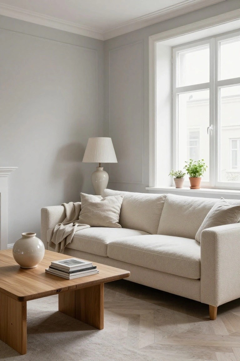 Light gray living room with cream fabric sofa, pillows, throw blanket, wooden coffee table holding books and vase, floor lamp, and window sill with two potted plants on herringbone wood floor