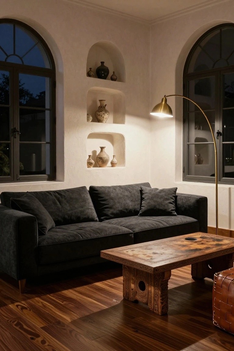 A living room corner with a dark gray plush sofa, low carved wooden coffee table, brown leather pouf, gold arc lamp, arched black-framed windows, white textured walls with niches holding ceramic vases, and warm wooden flooring.