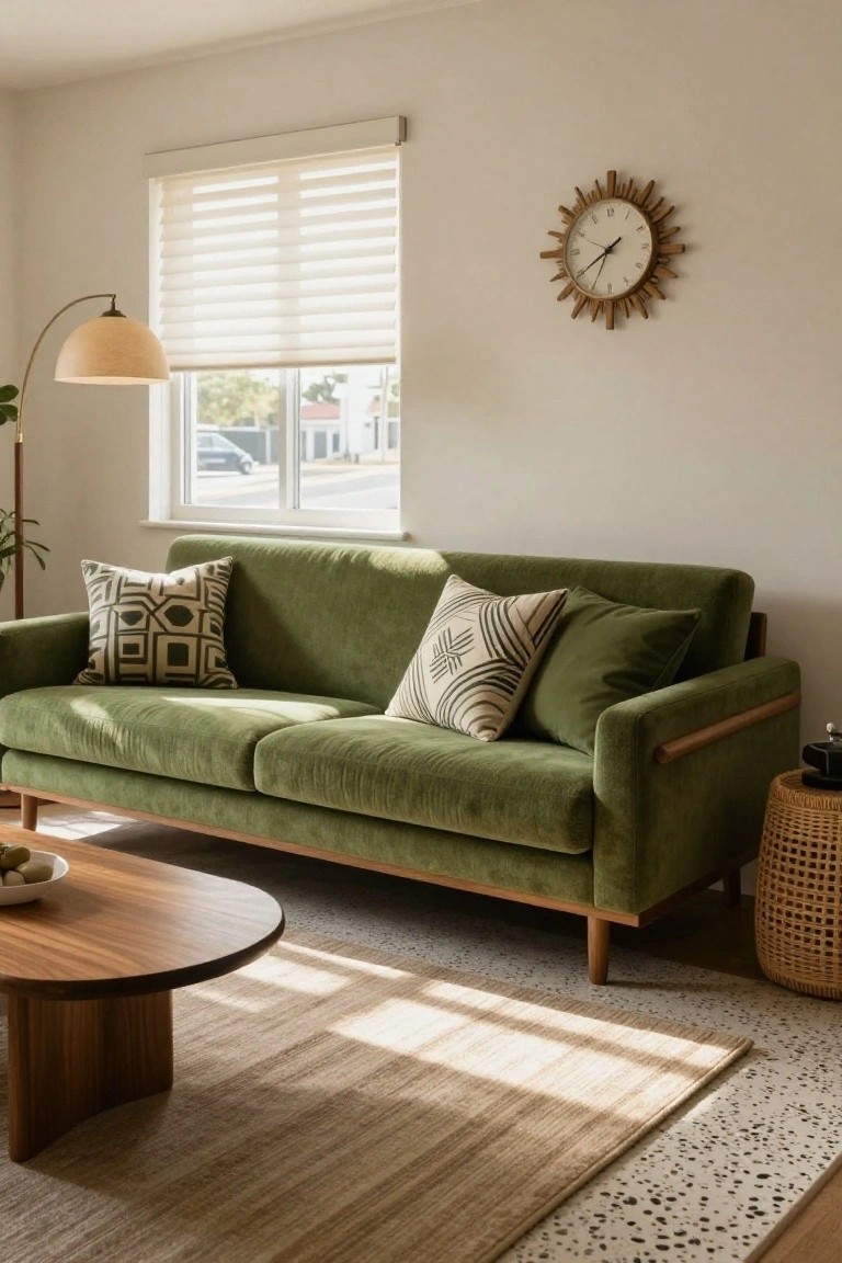Sunlit living room with green velvet sofa featuring patterned pillows, wooden oval coffee table holding a bowl of olives, rattan side table, arc floor lamp, sheer blinds on window, and wooden sunburst clock on beige wall.