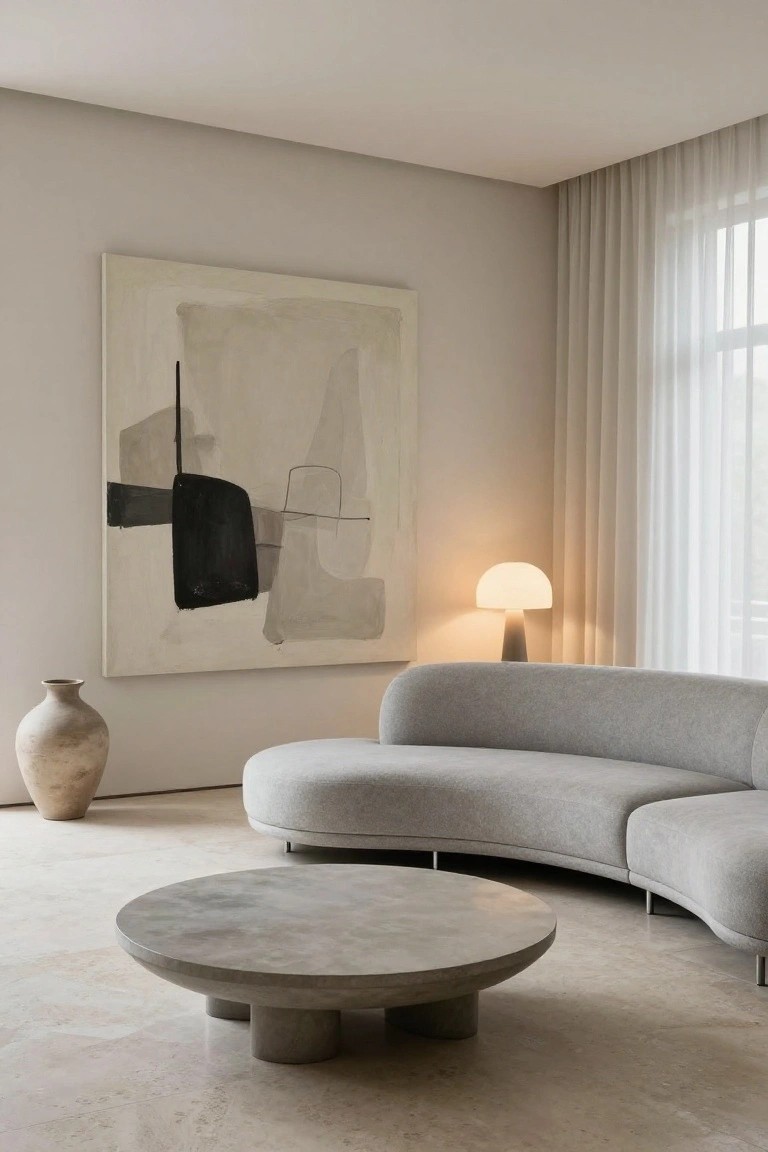 Modern living room corner with a curved light gray fabric sofa, round gray concrete coffee table on beige tile floor, large abstract beige and black painting on wall, terracotta vase, mushroom-shaped lamp, and sheer curtains over window.