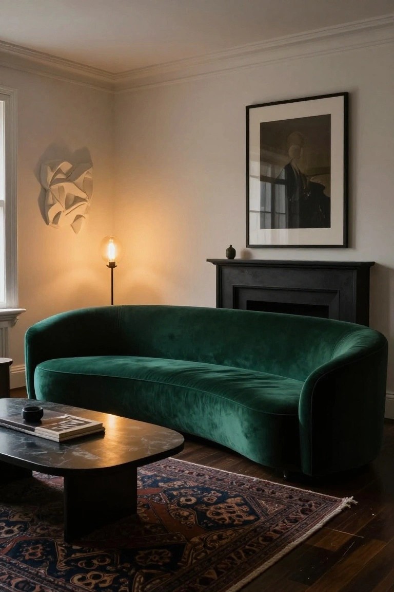 Living room with a curved emerald green velvet sofa facing a black fireplace, low black marble coffee table on a blue Persian rug, floor lamp, white wall sculpture, and framed portrait on the wall.