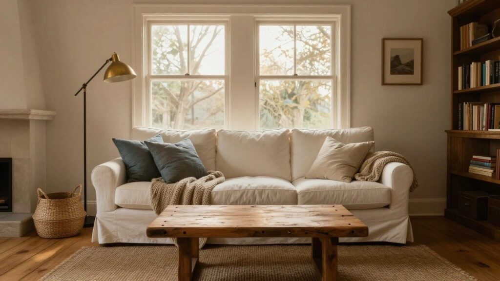 20 Cozy Sofa Ideas for a Living Room That Feels Warm and Inviting Living room with white slipcovered sofa featuring navy pillows and knit throw, wooden coffee table with ceramics, seagrass basket by fireplace, wooden bookshelf, arc lamp, and window showing palm trees outside.