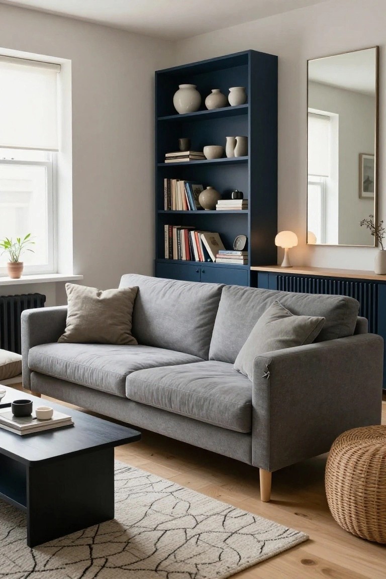 A light gray fabric sofa sits in front of a tall navy blue bookcase filled with books, ceramics, and plants in a living room with light walls, a black coffee table, woven pouf, and oak flooring.