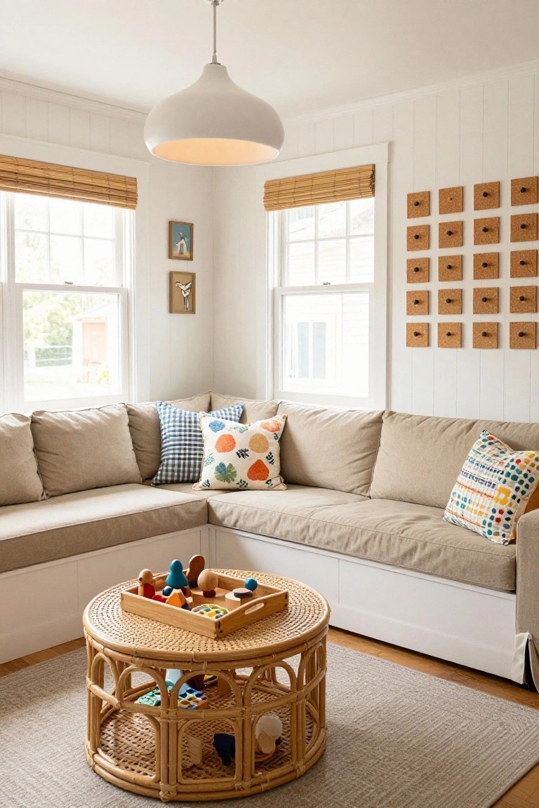 Cozy corner of a living room with L-shaped beige built-in sofa, colorful throw pillows, rattan coffee table with wooden toys, white shiplap walls, bamboo blinds on windows, and white pendant light overhead.