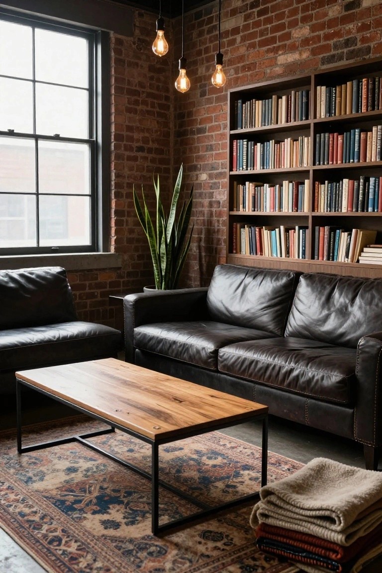 A cozy indoor lounge area featuring two dark leather sofas facing each other around a low wooden coffee table on a patterned rug, with exposed brick walls, wooden bookshelves filled with books, a tall potted plant, and hanging pendant lights near large windows.