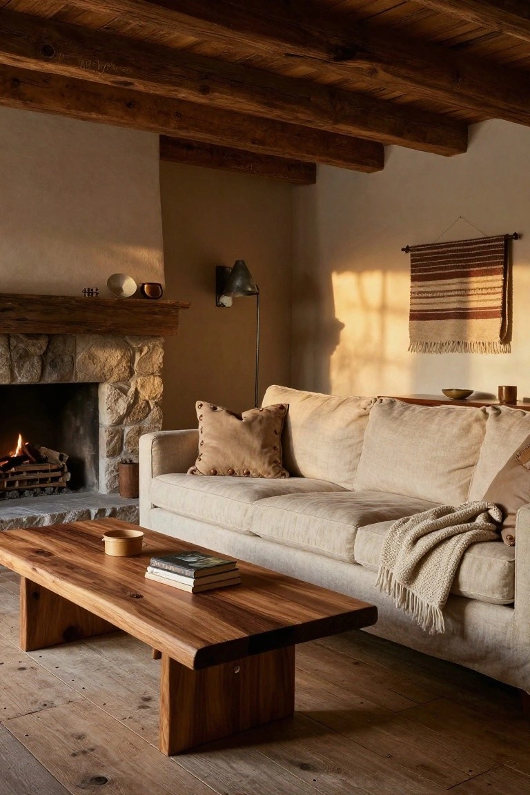 Living room with light beige linen sofa facing a dark wood coffee table, stone fireplace with fire, exposed wood beams on ceiling, and woven wall hanging.