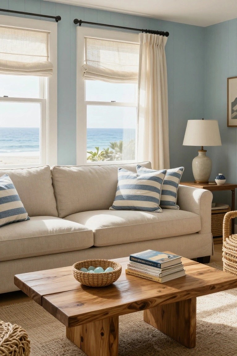 Light beige sofa with blue and white striped pillows on a cream-colored couch in a pale blue living room, large windows overlooking the ocean and beach, wooden coffee table with woven basket of blue glass eggs and stacked books, side table with lamp and vase.