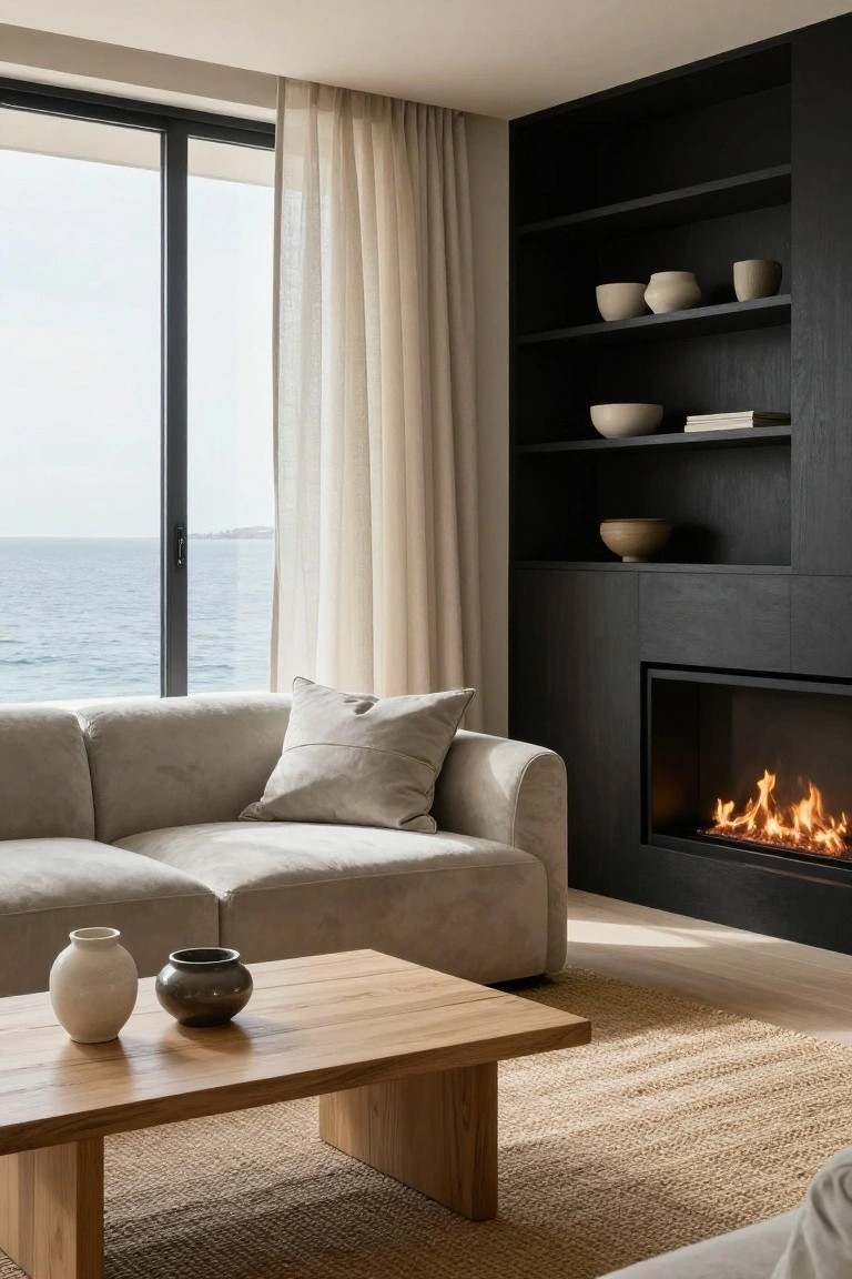 Modern living room with beige sofa, wooden coffee table, dark built-in fireplace, and sea view.
