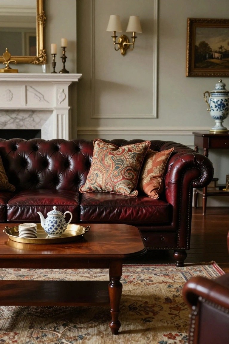 A living room with a deep red tufted leather Chesterfield sofa, wooden coffee table holding a brass tray with blue and white teapot and cups, marble fireplace, and traditional furnishings.