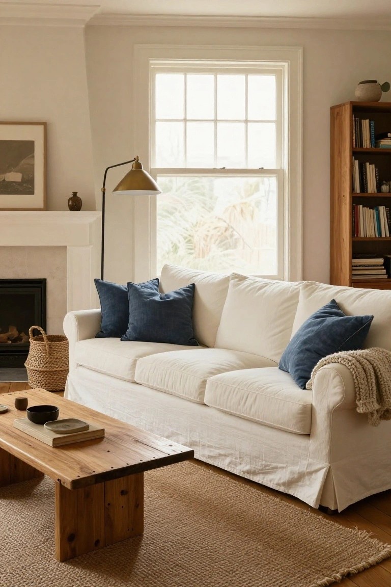 Living room with white slipcovered sofa featuring navy pillows and knit throw, wooden coffee table with ceramics, seagrass basket by fireplace, wooden bookshelf, arc lamp, and window showing palm trees outside.