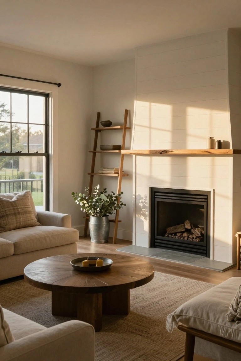 Living room with two cream sofas flanking a round wooden coffee table, facing a white shiplap fireplace, ladder shelf on one side, and large window showing outdoor view.