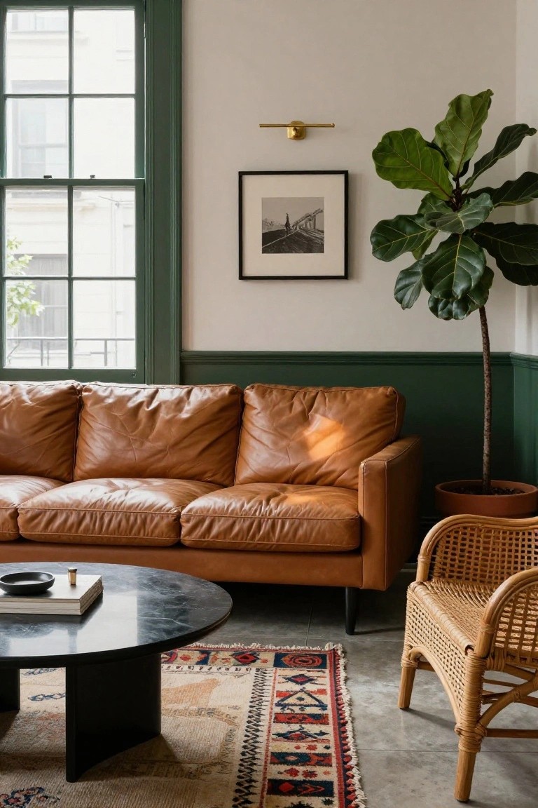 Sunlit living room interior with tan leather three-seater sofa against cream walls and deep green wainscoting and window frames, black marble coffee table, woven rattan armchair, large potted fiddle leaf fig, black and white framed photo of a bridge, and multicolored Persian rug on wood floor.