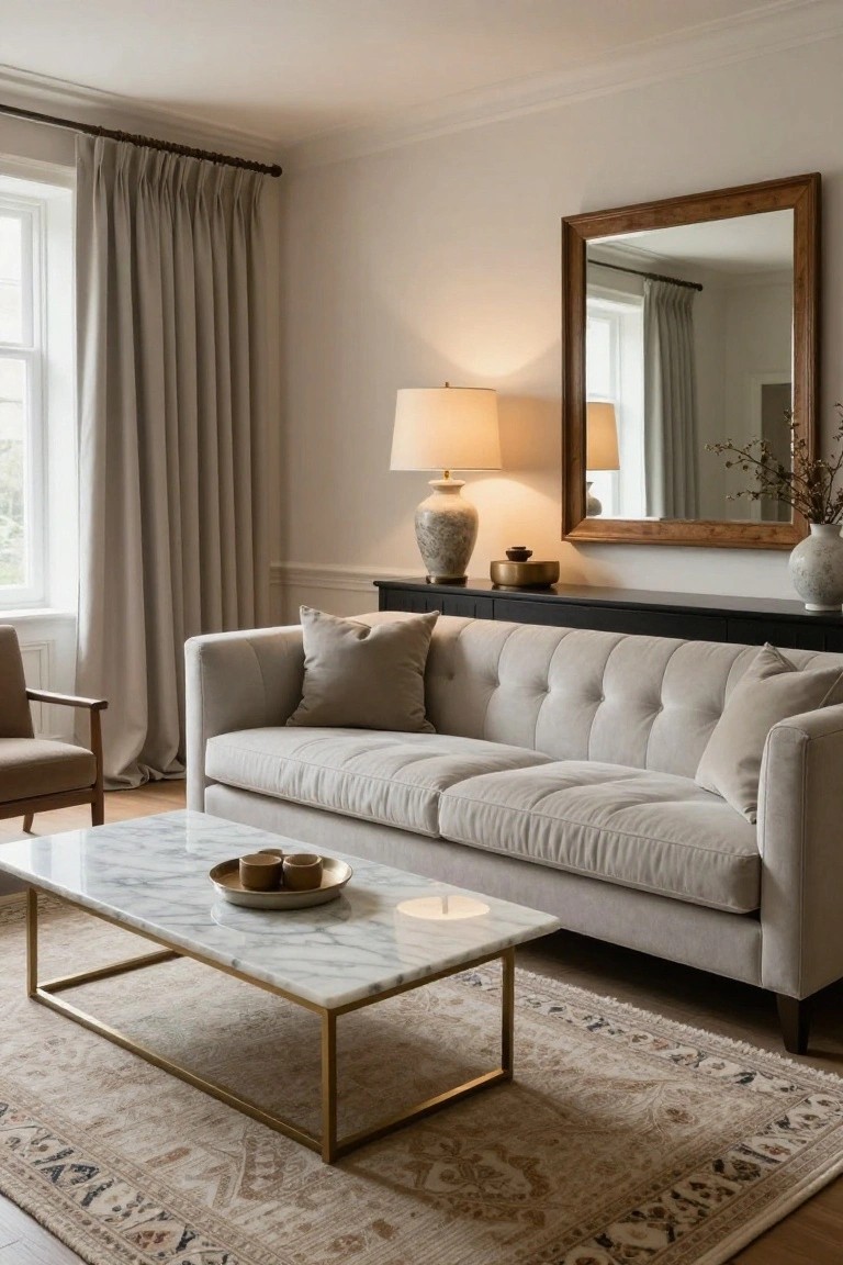 Light beige tufted sofa with pillows in a living room, marble-top coffee table on brass legs, patterned rug, wood armchair, black console table with lamps and ceramics, large wood mirror, and beige curtains on window.