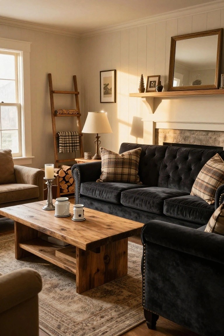 Living room with black tufted velvet sofa topped by plaid pillows, rustic wooden coffee table holding mugs and candles, ladder shelf with blankets, and stone fireplace.