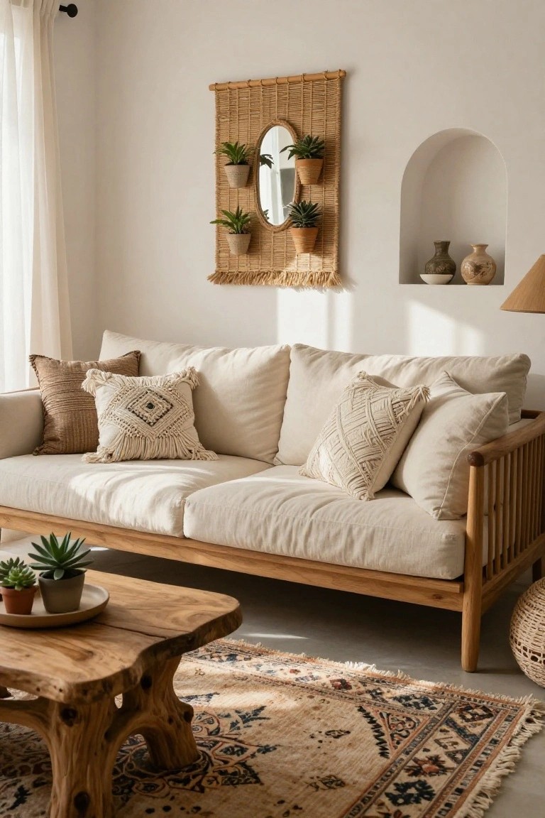 A beige linen sofa with wooden slat frame and patterned pillows sits in a light living room with woven wall hanging, plants, arched niche with vases, wooden coffee table, and patterned rug.