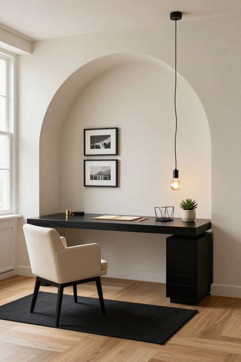 Home office nook with black desk and cabinet in a cream-colored arched wall recess, beige armchair, black wire pendant lamp with Edison bulb, small succulent plant, and black-and-white photos on the wall.