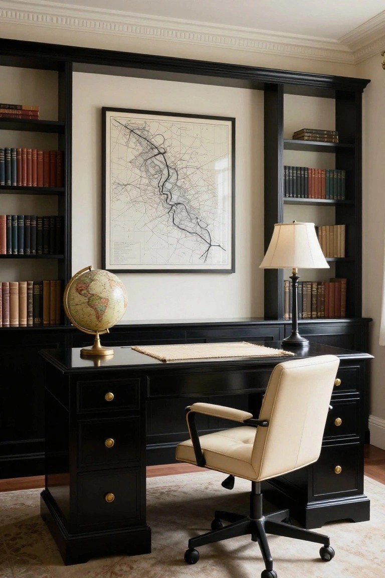Home office with black built-in bookshelves and desk, cream upholstered chair, brass globe on desk, table lamp, and large framed map on cream wall.