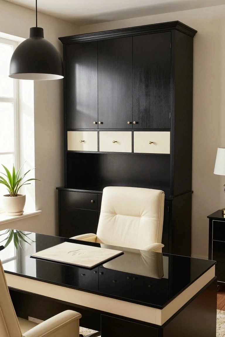 A home office featuring a tall black wooden cabinet with cream drawers and pulls above a black glass desk and cream leather chair, with a potted plant on the windowsill.