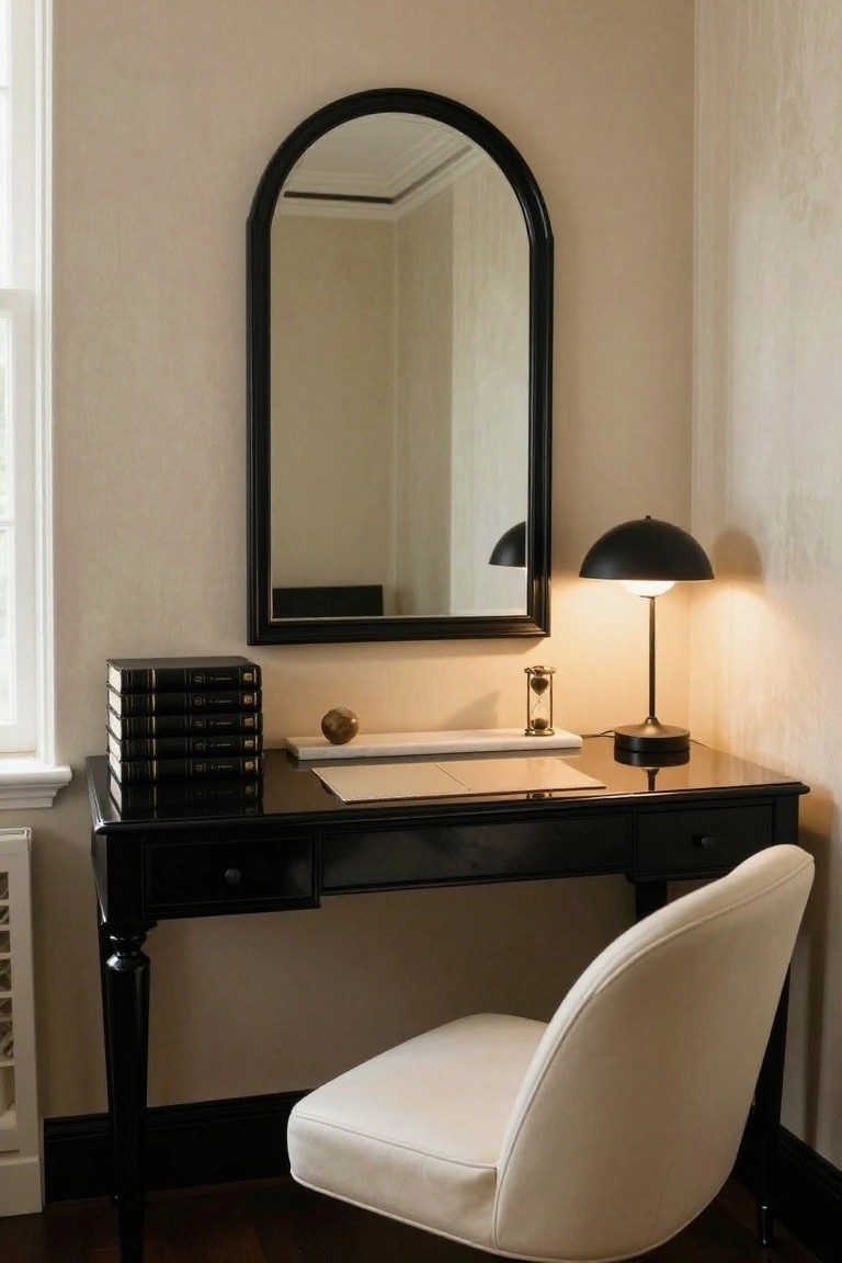 Corner home office with beige walls, black arched wall mirror, black lacquered desk with drawers, cream curved-back chair, black dome desk lamp, stack of black-bound books, gold hourglass, and orb sculpture on the desk.