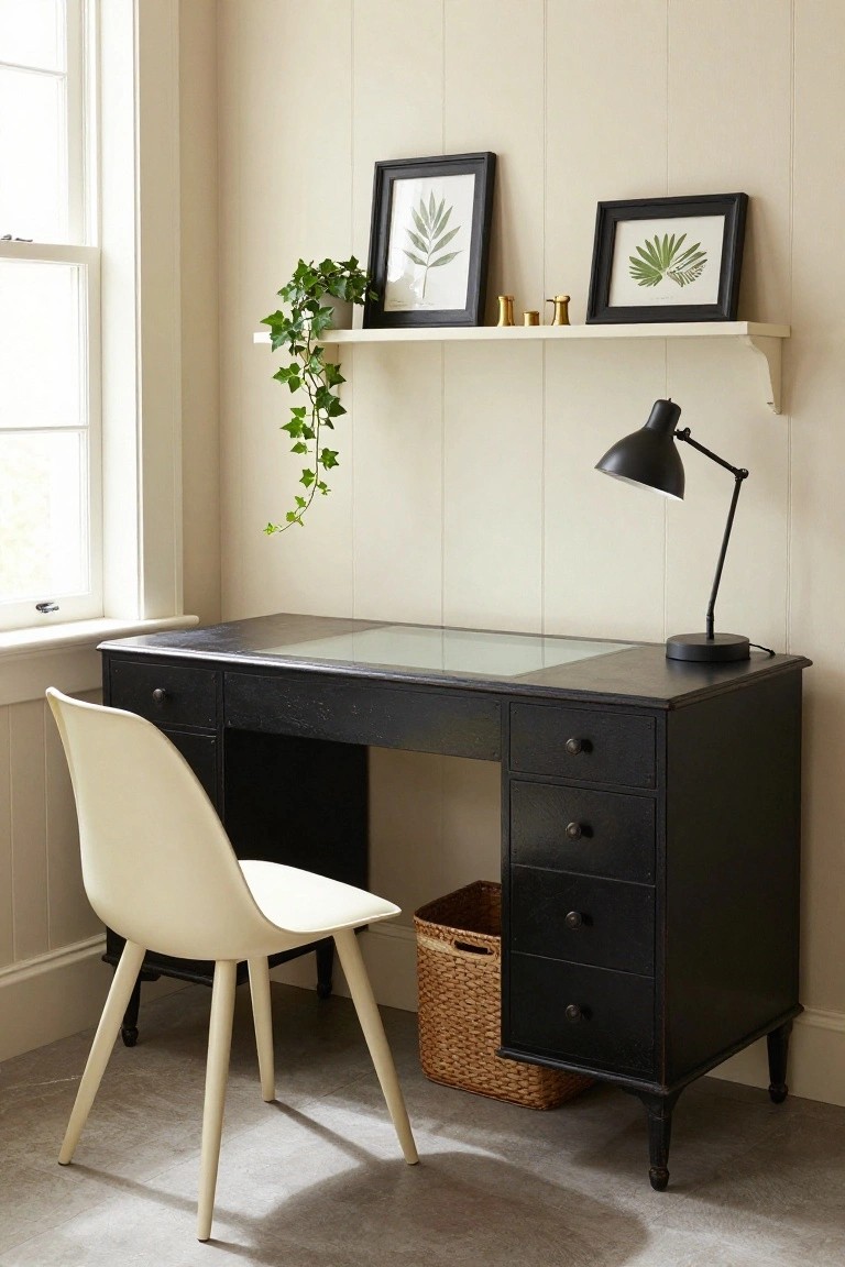 Corner of a home office with cream shiplap walls, black wooden desk with glass top and drawers, cream molded plastic chair, black adjustable lamp, wicker basket under desk, ivy plant on floating shelf, and black frames holding green leaf prints.