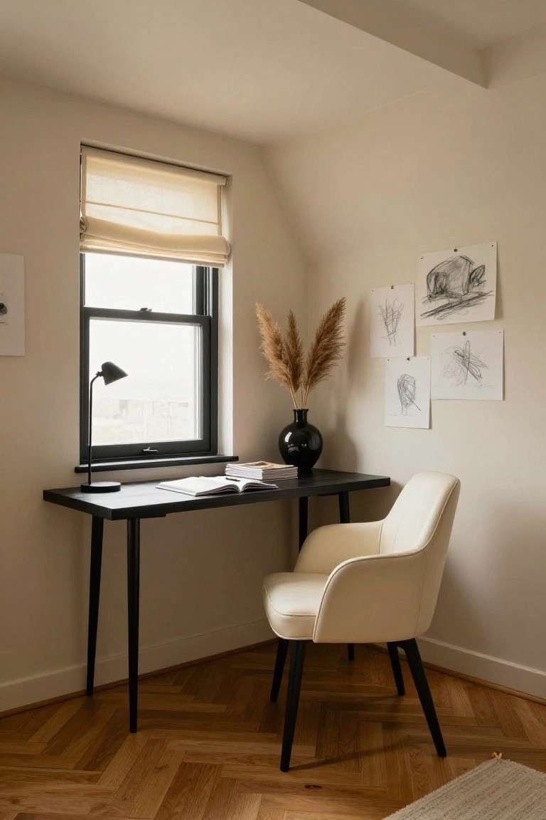 Attic home office with cream walls and wood floor, featuring black desk with open book, white leather chair, black vase of pampas grass, desk lamp, and pinned pencil sketches beside a window with beige roller blind.