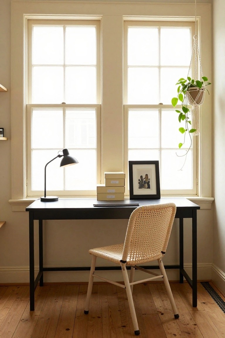 Home office interior with black metal desk, cream rattan chair, black adjustable lamp, stacked cream boxes, black framed photo, large bright windows, hanging green plant, and light wood floor.