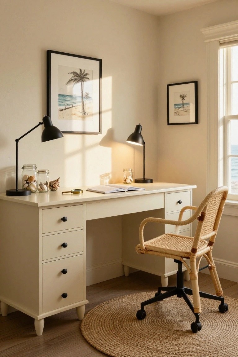 Corner home office with cream desk, two black adjustable desk lamps, seashell-filled jars, rattan armchair on wheels, framed beach prints, and window overlooking ocean.