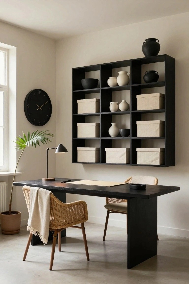 Cream-walled office corner with black wood desk, two rattan chairs with cream cushions and throw, tall black grid shelving unit holding cream boxes and white black ceramics, black wall clock, desk lamp, and potted plants.