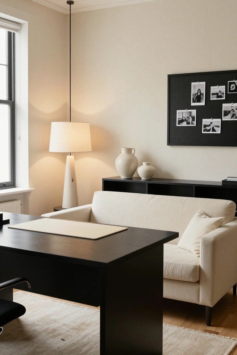 Modern office room with black L-shaped desk, adjacent cream sofa with pillows, black shelving unit holding white ceramic vases, tall white floor lamp, and black-framed bulletin board with photos on light beige walls.