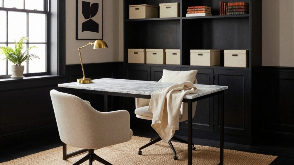 Dark-paneled home office with white marble-top desk on black metal frame, two cream bouclé armchairs, gold desk lamp, black metal shelves holding beige boxes and plants, abstract wall art, and brick fireplace.