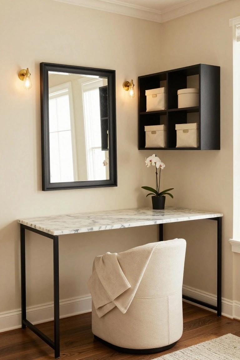 Corner home office with white marble-top desk on black metal legs, cream upholstered chair with throw blanket, black framed wall mirror, black wall shelves holding cream bins and white orchid plant in cream room with wood floor.
