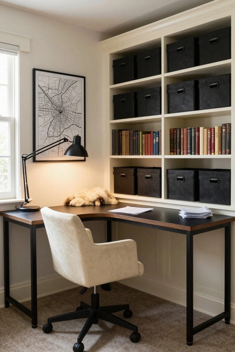 Corner home office with wooden L-shaped desk, cream upholstered chair on black metal frame, white built-in shelving units containing black fabric storage bins and books, adjustable black desk lamp, and window with black-framed map print.