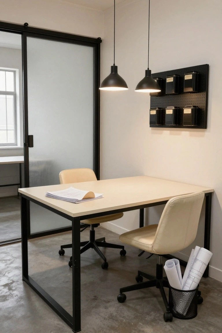 Small modern office with light wood desk on black metal frame, two cream upholstered chairs, black pegboard wall holding labeled black bins, frosted glass sliding door, stack of papers on desk, rolled blueprints by mesh trash can on concrete floor.