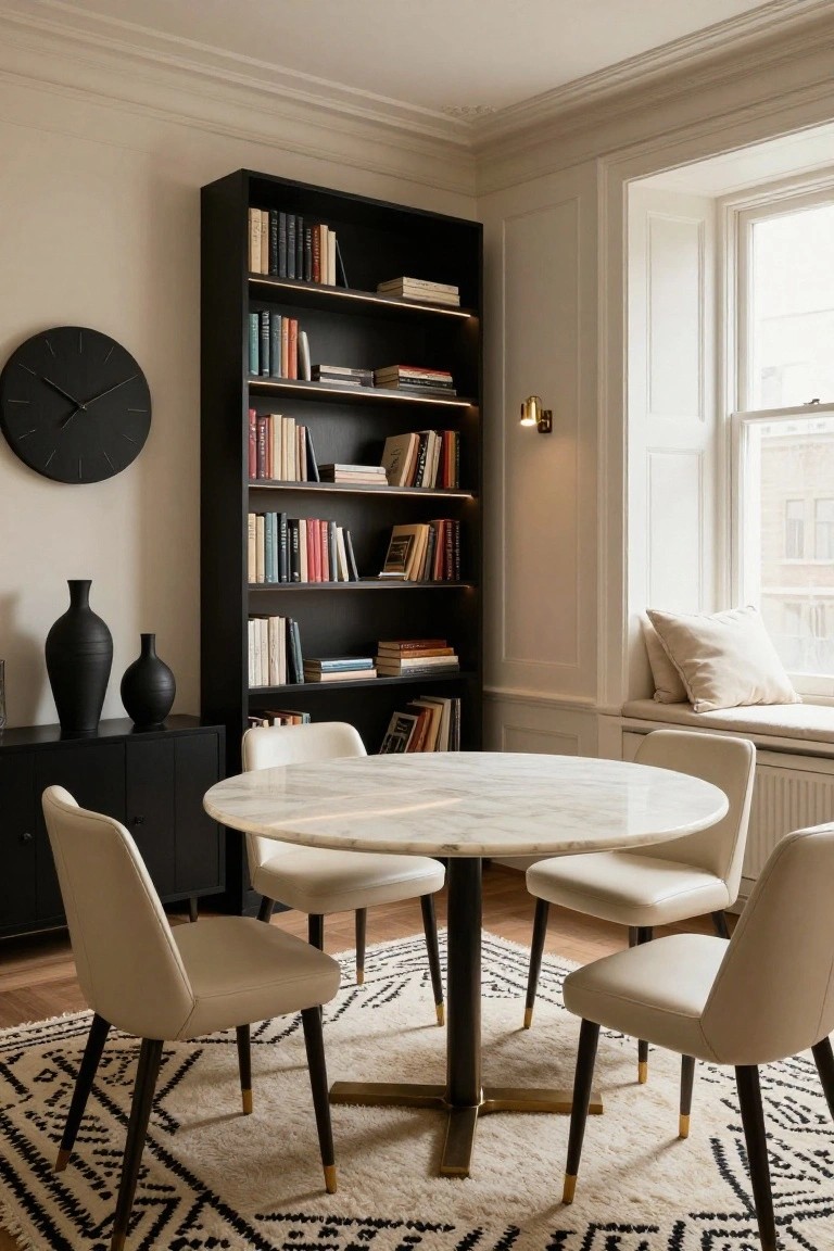 Tall black bookshelves filled with books line one wall of a light-colored room with a round white marble table, four cream upholstered chairs with black legs, a black sideboard with vases, and a cushioned window seat by a large window.