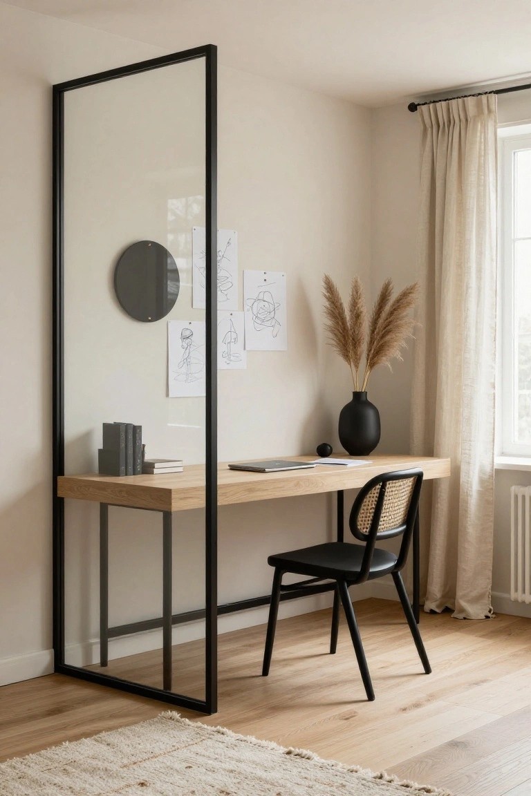 Home office corner with oak desk, laptop, black rattan chair, tall black metal-framed glass partition, black vase of pampas grass, wall art, and cream curtains by a window on light wood floor.