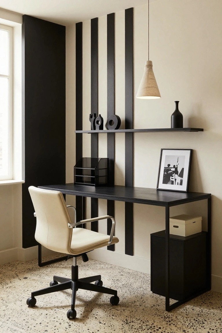 A home office with cream walls accented by vertical black panels supporting shelves above a black metal desk and cream leather chair on a terrazzo floor.