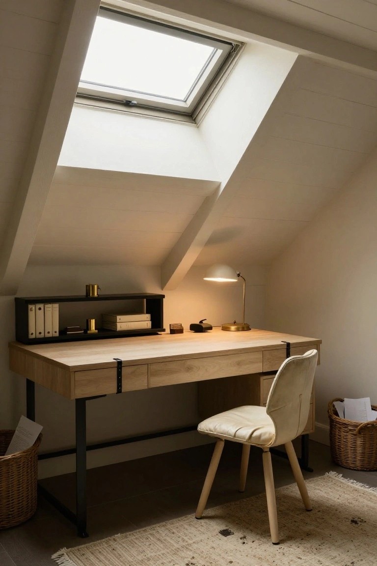 Attic office with light oak desk on black metal legs and black drawers, cream leather chair, black shelving unit above desk holding books and lamp, skylight in white sloped ceiling, wicker baskets on floor.